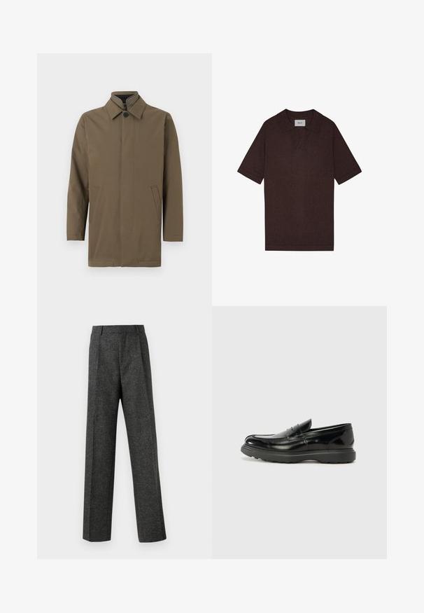 Brun, let frakk med høj krave, frontknaplukning og to sidelommer. Glat struktur, lige snit og minimalistisk design.; Brun polo shirt lavet af tekstureret stof, med en spids krave og korte ærmer. Mærket viser "NN. 07" ved kraven.; Grå skræddersyede bukser lavet af tekstureret stof, med to frontplicer og lige ben-design. Ingen synlige lommer eller udsmykninger.; Sort læderloafer med en blank finish, rund tå, subtile syninger og en tyk gummisål for holdbarhed.