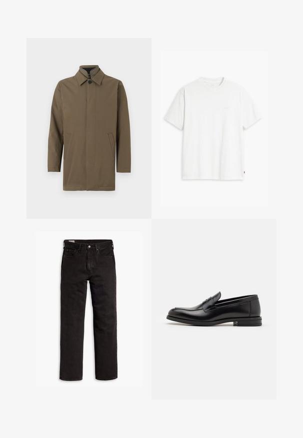 Palton ușor, maro, cu guler înalt, închidere cu nasturi în față și două buzunare laterale. Textură netedă, croi drept și design minimal.; Tricou alb din bumbac cu mâneci scurte, guler rotund și logo-ul subtil Levi's imprimat în centrul său. Textură moale și croială standard.; Jeans din denim negri cu picior drept, cu cinci buzunare, închidere cu nasture și bucle pentru curea, așezați plat pe un fundal alb.; Mocasini din piele neagră cu o textură netedă, vârf rotund și o curea decorativă peste partea superioară. Toc mic, design minimalist.