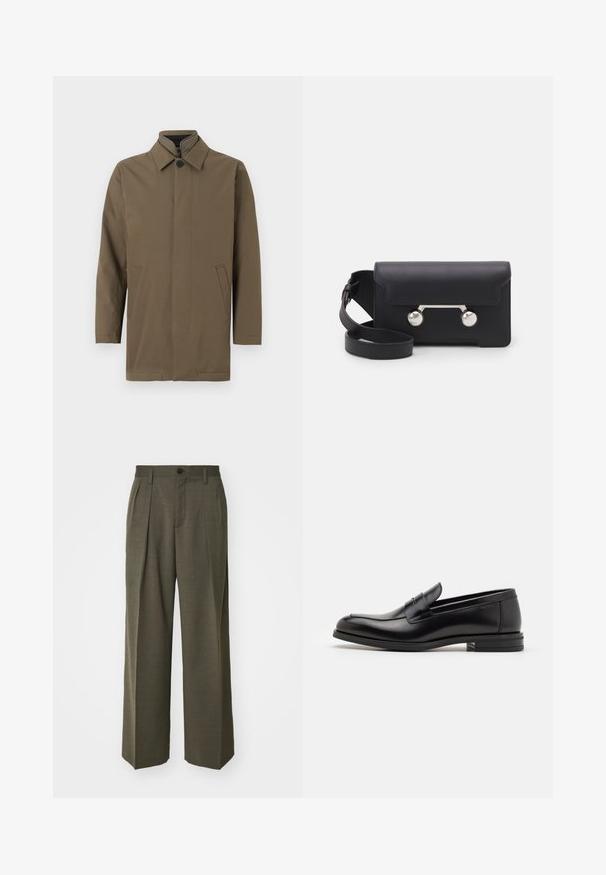 Brun, let frakk med høj krave, frontknaplukning og to sidelommer. Glat struktur, lige snit og minimalistisk design.; Mørkeblå T-shirt med korte ærmer og hvid tekst "neanche per sogno" centreret på brystet, rund hals, medium størrelse.; Filippa K WIDE TROUSERS - Bukser - driftwood; Sorte læderloafers med en glat overflade, rund tå og en dekorativ strop over vampen. Lav hæl med stabeldesign, minimalistisk stil.; Sort læder crossover taske med klaplukning, sølvfarvet hardware og to runde accenter. Har en aftagelig rem. Glat tekstur.