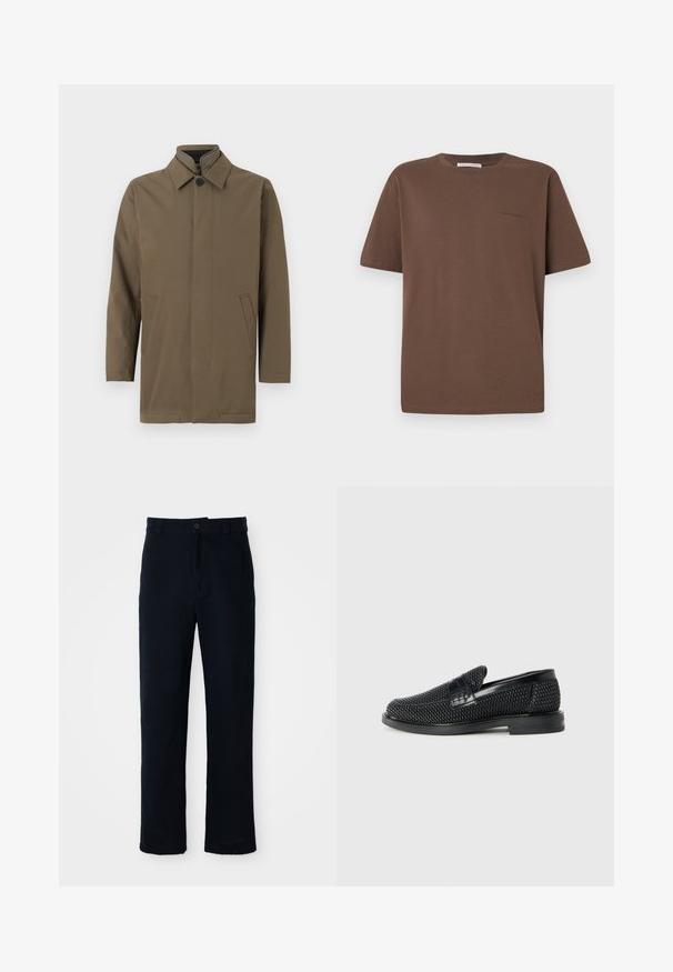 Brauner, leichter Mantel mit hohem Kragen, vorderem Knopfverschluss und zwei Seitentaschen. Glatte Textur, gerader Schnitt und minimalistisches Design.; Braunes Baumwoll-T-Shirt mit rundem Ausschnitt, kurzen Ärmeln und einem kleinen Logo auf der Vorderseite. Flache Stoffstruktur, lässige Passform.; Dunkelblaue Baumwollhosen mit geradem Bein, einem Frontknopfverschluss und einem klassischen Bund mit Gürtelschlaufen.; Schwarzer geflochtener Slipper mit einem glatten Lederakzent im Obermaterial, einem runden Zehendesign und einer flachen Gummisohle.