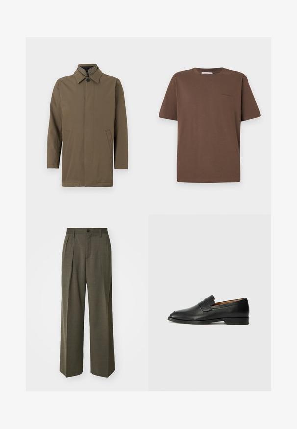 Brown, lightweight coat with a high collar, front button closure, and two side pockets. Smooth texture, straight cut, and minimal design.; Brown cotton t-shirt with a round neckline, short sleeves, and a small logo printed on the front. Flat fabric texture, casual fit.; Filippa K WIDE TROUSERS - Trousers - driftwood; Black leather loafer with a rounded toe, subtle stitched detailing, and a low heel, featuring a smooth texture and minimalist design.