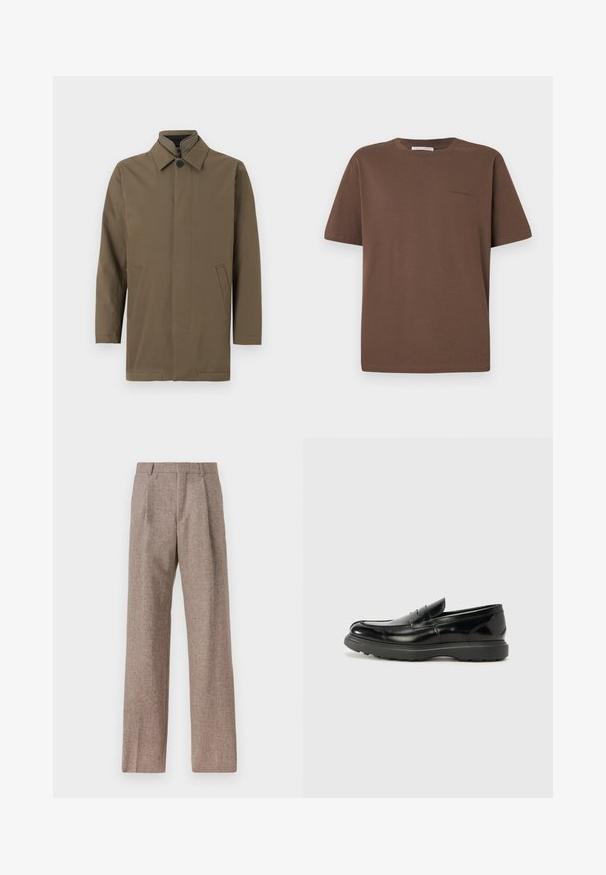 Brauner, leichter Mantel mit hohem Kragen, vorderem Knopfverschluss und zwei Seitentaschen. Glatte Textur, gerader Schnitt und minimalistisches Design.; Braunes Baumwoll-T-Shirt mit rundem Ausschnitt, kurzen Ärmeln und einem kleinen Logo auf der Vorderseite. Flache Stoffstruktur, lässige Passform.; Braune, hochtaillierte Hose aus strukturiertem Stoff. Mit weitem Bein und zwei vorderen Bügelfalten für zusätzliche Form. Saubere Verarbeitung ohne sichtbare Hardware.; Schwarze Lederloafer mit glanzendem Finish, abgerundetem Zehenbereich, subtilen Steppnähten und einer dicken Gummisohle für Langlebigkeit.