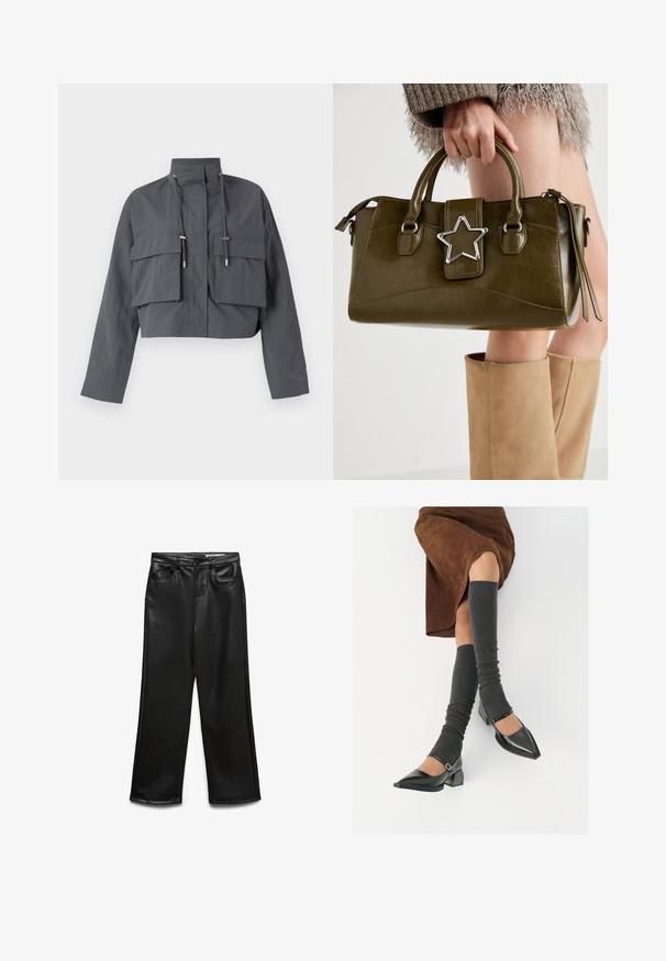 Lyhennelty harmaa takki korkealla kauluksella, kahdella suurella etutaskulla, nyöritys-yksityiskohdilla ja kevyellä, tekstuurilla varustetulla kankaalla.; Mustat neulotut neuletakit, joissa on tekstuuripinta, avoin etuosa ja yli-iso hihan malli. Ominaisuuksia ovat ribbaus hihansuissa ja helmassa.; Harmaa puuvillainen T-paita, jossa on klassinen pyöreä pääntie, lyhyet hihat ja sileä pinta, sopii rentoon käyttöön.; Mustat keinonahkaiset leveälahkeiset housut, joissa on etutaskut, vyölenkit ja hienovarainen kiilto. Sileä pinta ja räätälöity istuvuus.; Musta lakattu nahkakengät teräväkärkisillä, leveällä kantapäällä ja nilkkahihnalla, yhdistettynä harmaisiin ribattuihin säärystimiin ja ruskeaan mokkasiinimekkoon.; Vihreä oliivinvärinen mokkanahkainen käsilaukku, jossa on hopeinen tähti koristeena, kaksinkertaiset kahvat ja vetoketjusulku. Teksturoitu pinta ja rakenteellinen muoto.