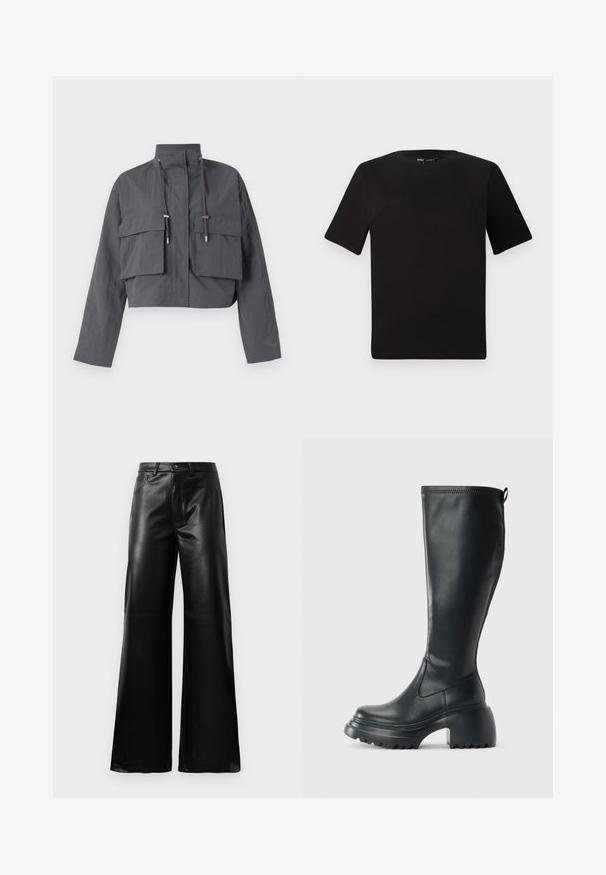 Casaco cinza cortado com um colarinho alto, dois grandes bolsos frontais, detalhes com cordão e um tecido leve e texturizado.; T-shirt preta de mangas curtas com decote redondo, feita de tecido de algodão suave. Design simples, sem logótipos ou padrões visíveis.; Calças largas de imitação de couro pretas, de cintura alta, com botão frontal, fecho de correr, passadores de cinto e bolsos laterais sobre fundo branco.; Bota preta de couro alta com sola de plataforma robusta e salto bloco, apresentando puxador e padrão texturizado na sola.