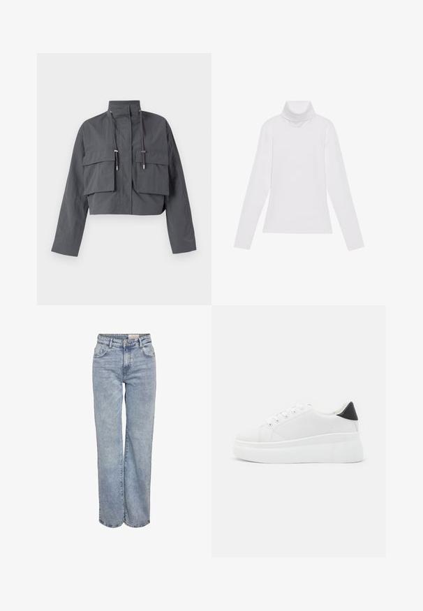 Sutraukti pilkas švarkas su aukštu apykakle, dviem didelėm priekineis kišenėm, raištelių detalėmis ir lengvu, tekstūruotu audiniu.; Baltas ilgomis rankovėmis turtleneko tipo marškinėliai, pagaminti iš lygaus, tamprus audinys. Yra aukštas apykaklė ir prisitaikantis dizainas, be matomų raštų ar papuošimų.; Šviesiai mėlyni plačios kojų džinsai, pagaminti iš džinsinio audinio, pasižymintys aukštu liemeniu, penkių kišenių dizainu ir subtiliu blukimu, kad atrodytų jau dėvėti.; Balti platforminiai sportbačiai, pagaminti iš lygios sintetinio audinio, su apvaliu pirštu, raištelių užsegimu ir tekstūruota guma padanga. Juodas kulno akcentas.