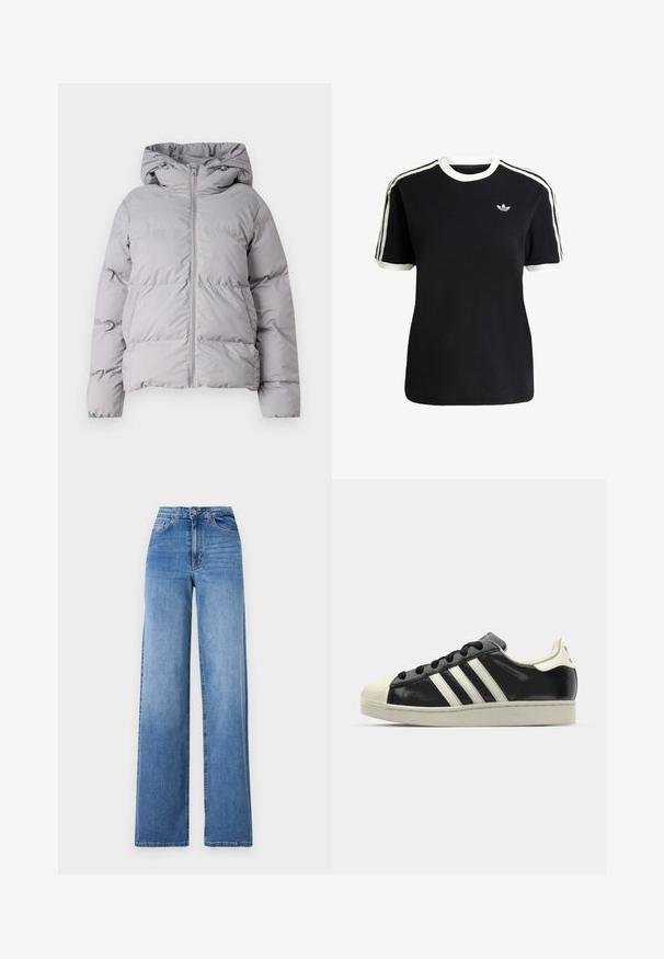 Siva puf jakna s kapuljačom, puna prednja rajsferšlus, kvadratnog dizajna i elastičnim manžetama. Izrađena od glatkog, laganog materijala.; Crna pamučna majica s bijelim detaljima na ovratniku i rukavima, s tri bijele pruge na svakom ramenu i malim logotipom na prsima.; Svijetloplavi široki traperice izrađene od denima, s visokim strukom, prednjim džepovima i standardnim kopčanjem na dugme. Glatka tekstura.; Crni kožni tenisice s bijelim prugama, gumeni zaštitni vrh, crne vezice i bijela potplata boje krem. Glatka tekstura s sjajnim završetkom.