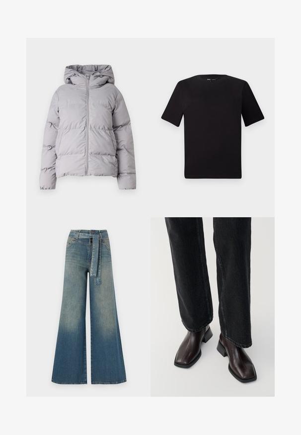 Siva pufasta jakna s kapuco s polnim sprednjim zadrgo, kvadrata oblikovanja in elastičnimi manžetami. Narejena iz gladkega, lahkega blaga.; Črna majica s kratkimi rokavi in okroglim izrezom, izdelana iz mehkega bombažnega materiala. Preprost dizajn, brez vidnih logotipov ali vzorcev.; Široke jeans hlače z gradientom od svetlo do temno modre, visokim pasom, zankami za pas in pasom iz istega materiala. Tekstura denim končnica.; Rjavi usnjeni gležnjarji s kvadratnim nosom in blok peto, v kombinaciji s črnimi širokimi hlačami. Gladka textura in minimalističen dizajn.