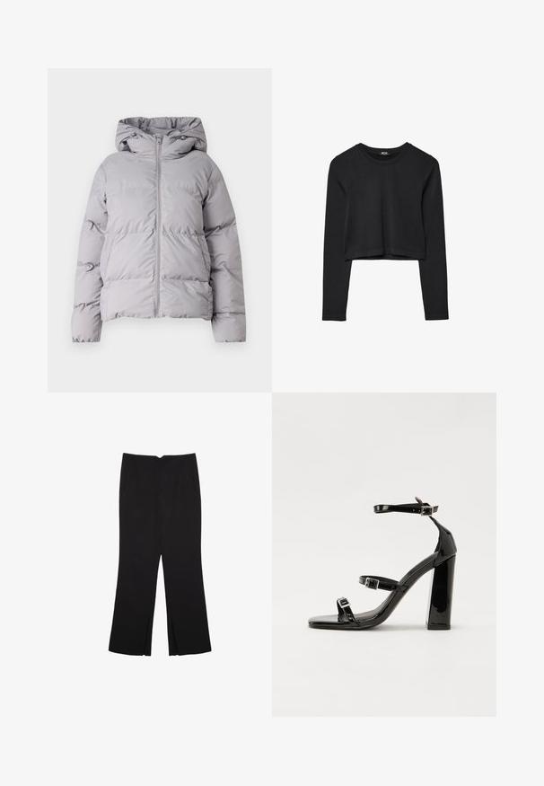Doudoune gris à capuche avec une fermeture éclair frontale, design matelassé et poignets élastiques. Confectionnée en tissu lisse et léger.; Haut court à manches longues noir avec encolure ronde, design uni et ourlet légèrement arrondi.; Pantalon noir avec une coupe droite, doté de poches avant et d'éclairs sur l'ourlet. Fabriqué en tissu doux et lisse. Convient à diverses occasions.; Sandales à talons hauts en cuir verni noir avec deux brides à boucles, bout carré et talon bloc épais, présentant une texture lisse et brillante.