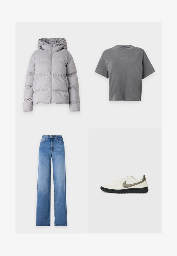 Sivá prešívaná páperová bunda s kapucňou, plným predným zipsom a elastickými manžetami. Vyrobená z hladkej, ľahkej látky.; Šedé krátke rukávy skrátené tričko s okrúhlym výstrihom a malým stredovým bielym logom "carhartt" na prednej strane.; Svetlomodré široké džínsy vyrobené z denimu, s vysokým pásom, prednými vreckami a štandardným zapínaním na gombík. Hladká textúra.; Nike Sportswear FIELD GENERAL - Tenisky - off-white/black