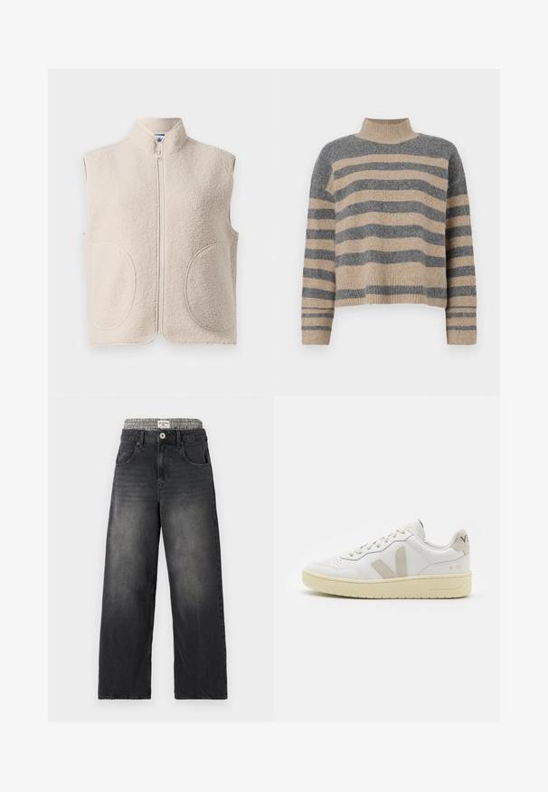 Kremno barvana brezrokavna flis jakna s stojčkom, sprednjim zadrgo in dvema okroglima sprednjima žepoma.; Prajčast pulover z šivi v sivi in bež barvi, visokim ovratnikom, širokimi manšetami in sproščenim krojem s skrajšano zasnovo.; Črne denim široke hlače z pasom v vzorcu houndstooth. Lastnosti vključujejo sprednje žepe in zapiranje na gumb. Imajo obrabljeno teksturo.; Bela usnjena tenisača z bež semiš poudarki, perforiranim prednjim delom, ravnimi vezalkami in strukturiranim kremnim podplatom. Ima diskretno blagovno znamko na peti.