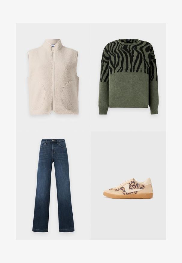 Krémová bezrukávová fleecová vesta se stojáčkem, předním zipem a dvěma zaoblenými předními kapsami.; Svetr se zebřím vzorem v tmavě zelené a černé barvě, pletená textura, kulatý výstřih, dlouhé rukávy, s kontrastním designem v horní části.; Tmavě modré denimové džíny se širokými nohavicemi, obsahující pět kapes a přední zapínání na knoflík. Hladká textura a klasické švy.; Tenisky s leopardím vzorem, s béžovým semišovým svrškem, hnědou gumovou podrážkou a bílými akcenty. Kulatý špička a šněrovací design s texturovaným povrchem.
