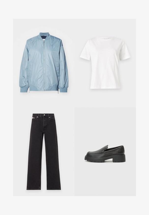 Svetlomodrá bomber bunda vyrobená z hladkej, lesklej tkaniny. Obsahuje zips vpredu, rebrovaný golier, elastické manžety a bočné vrecká. Malý detail loga.; Biela bavlnená tričko s krátkymi rukávmi, okrúhlym výstrihom a voľným strihom. Hladká textúra, bez vzorov alebo akcentov, minimalistický dizajn.; Čierne široké džínsy vyrobené z denimu, s vysokým pásom, piatimi vreckami a kovovým zapínaním s kontrastným šitím.; Čierne kožené mokasíny s okrúhlou špičkou, hrubou textúrovanou podrážkou a minimom stehovej výzdoby. Štíhly dizajn bez viditeľných šnúr alebo kovania.