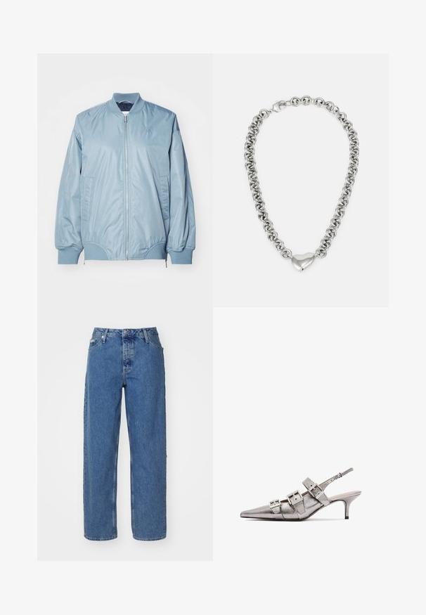 Light blue bomber jacket made of smooth, shiny fabric. Features a zip front, ribbed collar, elastic cuffs, and side pockets. Small logo detail.; Light pink cotton t-shirt with a crew neck, featuring a silver embroidered "Calvin Klein" logo and subtle "CK" design on the chest.; Light blue denim jeans with a high waist, straight leg design, five-pocket styling, and slightly faded texture. Rivet and button closure.; Metallic silver slingback heel with pointed toe, featuring three wide straps and square metallic buckles. Glossy texture and slim heel.; Silver chain necklace featuring interconnected round links and a polished heart-shaped accent in the center. Secure clasp included.