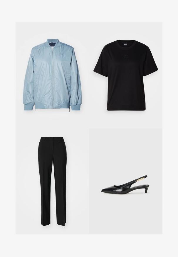 Ljusblå bomberjacka i slätt, glänsande tyg. Har dragkedja fram, ribbad krage, elastiska ärmslut och sidofickor. Litet logotypdetalj.; Svart bomullströja med rund halsringning, korta ärmar och en broderad logotyp på bröstet. Enkel, avslappnad passform utan mönster.; Svarta skräddarsydda byxor med rak benform, med en slät yta och skarpa veck fram. Ingen synlig hårdvara.; Svart läder slingback-hälar med spetsig tå, med en smal klack och en guldtonad detalj på den justerbara remmen. Slät textur.