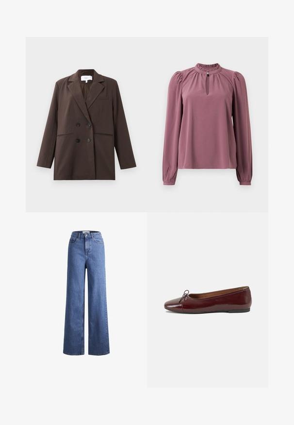 Brun dobbeltradet blazer med sorte knapper, slå-om-revers, lange ærmer og tre forreste lommer, lagt fladt på en hvid baggrund.; Langermet mauve bluse med samlet krave, nøglehul-udskæring med knaplukning og let puffede skuldre.; Lyseblå denim brede bukser med høj talje, to frontlommer og synlige stikninger. Har en knap- og lynlåslukning.; Bordeaux patentlæder balletflad med rund tå, lille sløjfeaccent foran og en lav, sort gummisål. Glat tekstur.