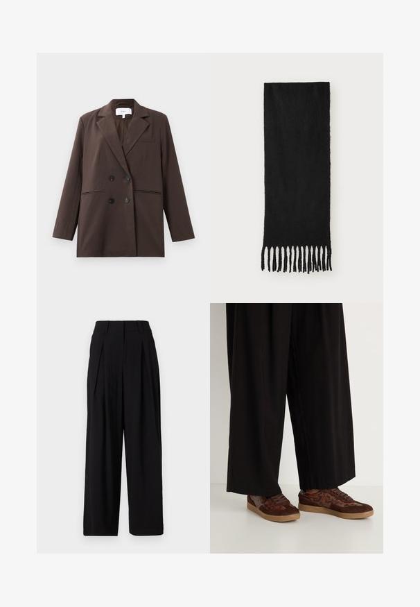 Brun dobbeltradet blazer med sorte knapper, slå-om-revers, lange ærmer og tre forreste lommer, lagt fladt på en hvid baggrund.; Brun ærmeløs top i blødt stof, med samlede skuldre og sidelæggede detaljer, sømløs halsudskæring og tætsiddende silhuet.; Sorte vide benbukser lavet af glat stof, med en høj talje, folder foran og en flydende silhuet.; Brune sneakers med en blandet materialedesign med ruskind og slangeprintdetaljer, rund tå, snørelukning og teksturerede gummisåler.; Sort tørklæde lavet af blødt stof med en glat tekstur, med knyttede frynser i enderne og i rektangulær form.