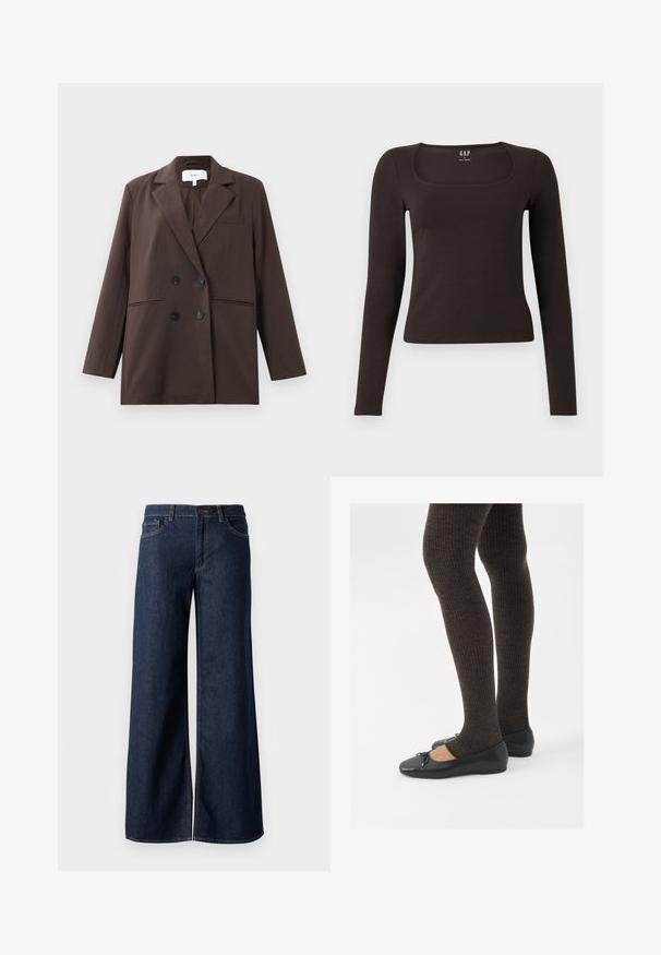 Blazer marrone doppiopetto con bottoni neri, rever a punta, maniche lunghe e tre tasche frontali, poggiato su uno sfondo bianco.; Maglietta nera a maniche lunghe, aderente, con scollatura quadrata, etichettata GAP, esposta su uno sfondo bianco.; Jeans a gamba larga in denim blu scuro. Presentano cuciture a contrasto, cinque tasche e una chiusura con bottone in vita. Texture morbida.; Scarpe nere a flat con un piccolo fiocco sulla punta, abbinate a collant a coste marrone scuro. Le scarpe hanno una texture liscia e un profilo basso.