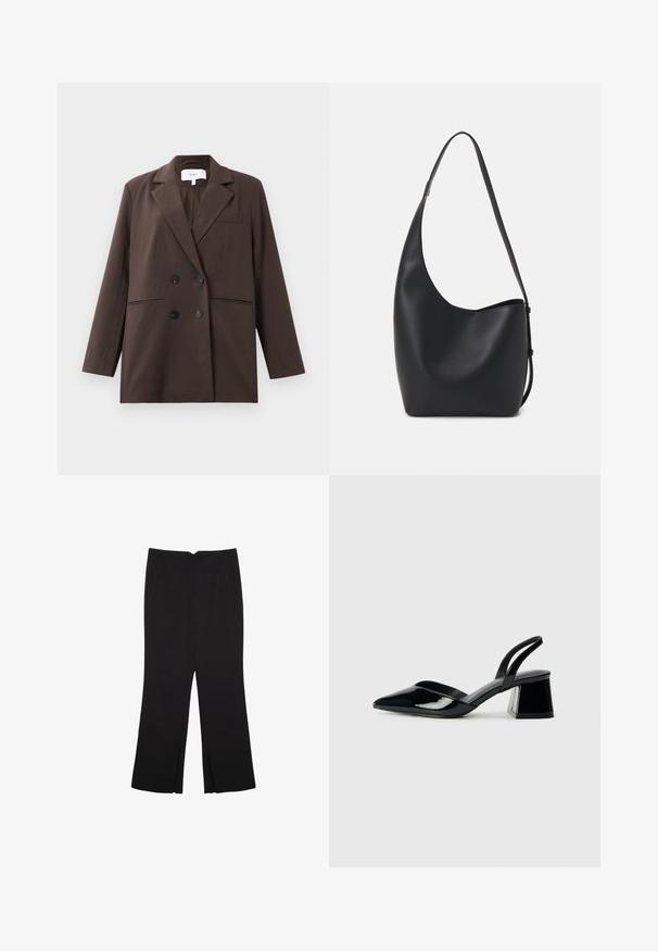 Brun dobbeltradet blazer med sorte knapper, slå-om-revers, lange ærmer og tre forreste lommer, lagt fladt på en hvid baggrund.; Sort langærmet cropped top med rund halsudskæring, ensfarvet design og let buet kant.; Sorte bukser med lige pasform, der har frontlommer og slidser i kanten. Lavet af blødt, glat stof. Velegnet til forskellige anledninger.; Sorte patentlæder slingback hæle med spids tå og en geometrisk blok hæl. Har et elegant, minimalistisk design og en glat tekstur.; Sort læder hobo taske med en glat overflade, buet form og en enkelt justerbar rem; har en bred åbning øverst.