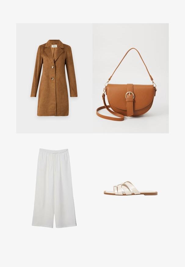 Brauner, samtiger langer Mantel mit Kragen, zwei Vorderaschen und einer Doppelknopfleiste. Glatte Textur und taillierte Passform.; Weißes Langarm-T-Shirt aus geripptem Stoff mit Rundhalsausschnitt und geradem Saum. Schlichtes, einfarbiges Design.; Weiße, weit geschnittene Hosen aus leichtem Stoff, mit einem elastischen Bund und einem Zugband für eine verstellbare Passform. Glatte Textur.; Flache Sandalen mit einer honigfarbenen Gummisohle, gestaltet mit drei überlappenden weißen Lederriemen und einem kleinen Schleifendetail in der Mitte.; Braune Leder-Crossbody-Tasche mit geschwungener Form, goldfarbenen Beschlägen und einer Schnallenakzentuierung. Verfügt über einen abnehmbaren Schultergurt.