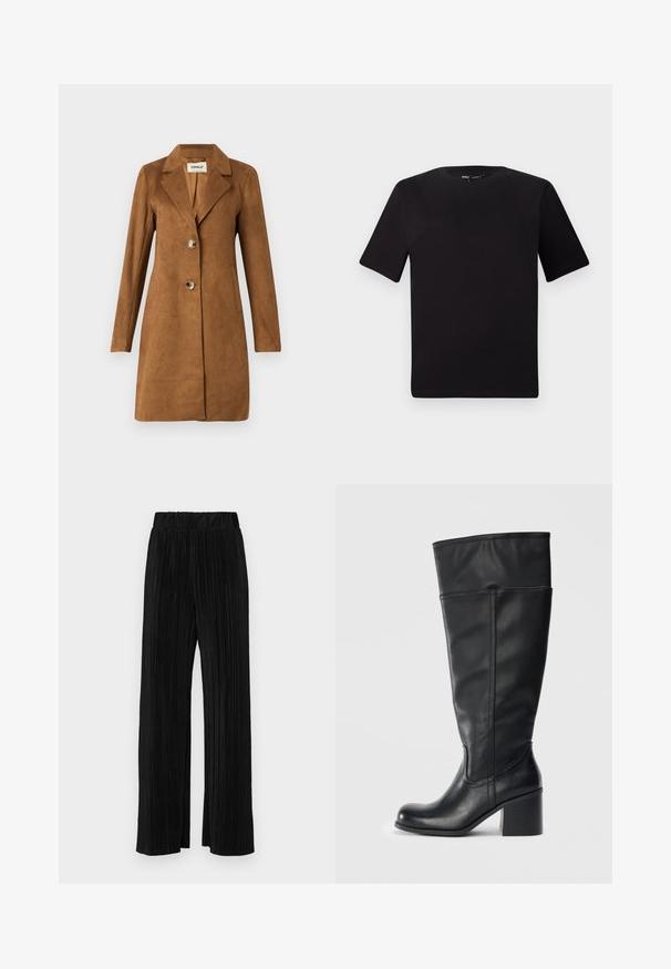 Brun, semsket lang frakk med krage, to frontlommer og dobbeltsplittknapp. Glatt tekstur og skreddersydd passform.; Svart t-skjorte med korte ermer og rund hals, laget av mykt bomullsstoff. Enkelt design, ingen synlige logoer eller mønstre.; Sorte plisserte bukser med elastisk midje. Har vide ben og et glatt, strukturert stoff med vertikale striper.; Knehøye svarte skinnstøvler med blokkhelning, glatt tekstur og sømdetaljer langs sidene. Enkelt og moderne design.