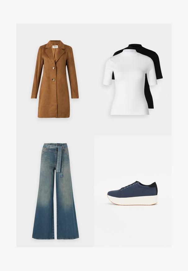 Brun, ruskindsagtig lang frakke med krave, to forlommer og dobbeltnaplukning. Glat tekstur og skræddersyet pasform.; Sæt bestående af to tætsiddende turtleneck-toppe i hvid og sort. Korte ærmer, glat bomuldsstof og tætsiddende design. Ingen mønstre eller grafik.; Bredbens-denimbukser med en lys til mørk blå gradient, høj talje, bælteløkker og et matchende stofbælte. Tekstureret denimfinish.; Mørkeblå sneakers med en struktureret stofoverdel, hvid platformssål, rund tå og sort hælakkent. Har seks snøreøjer til snørebånd.