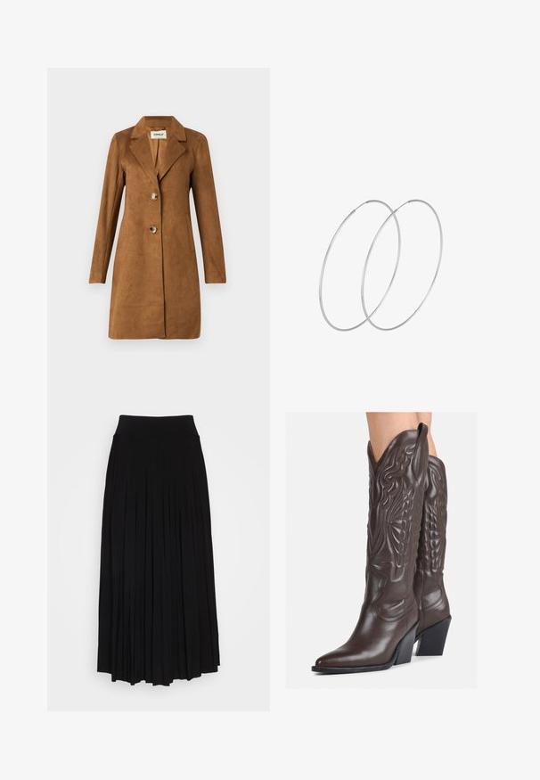 Brown, suede-like long coat with a collar, two front pockets, and a double-button closure. Smooth texture and tailored fit.; White sleeveless tank top made of ribbed fabric, featuring a rounded neckline and a fitted silhouette, with minimal seams and no embellishments.; Black pleated skirt with a high, stretchy waistband. Made from soft fabric, featuring vertical pleats for a flowing silhouette.; Brown leather cowboy boots with pointed toe and block heel, featuring detailed stitching and raised accents on the shaft.; Silver hoop earrings with a minimalist design. Circular shape, smooth texture, and thin profile. Lightweight with a polished finish.