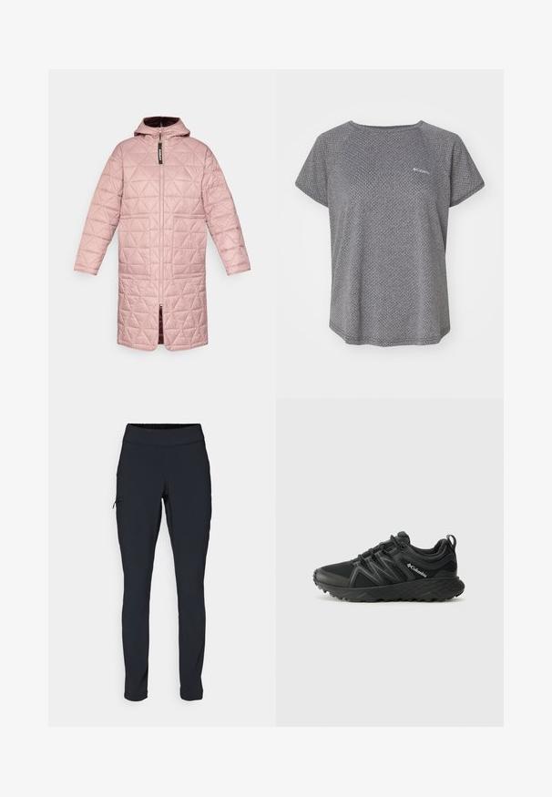 Dugi kaput u svijetlo ružičastoj boji s kapuljačom, s prepoznatljivim romboidnim pikado uzorkom, prednjim zatvaračem i dva zakrilna džepa. Glatka tekstura.; Siva majica kratkih rukava koja sadrži suptilan teksturirani uzorak, okrugli izrez i Columbia logotip na prsima. Mekani materijal, opušteni kroj.; Crne atletske hlače Slim fit kroja, s elastičnom sredinom i bočnim džepom sa zatvaračem. Glatka, rastezljiva tkanina s minimalnim šavovima.; Columbia PEAKFREAK - Obuća za pješačenje - black
