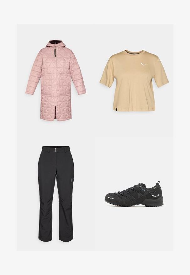 Hea roosakas paks mantel kapuutsiga, millel on kerged ruudulised katterelje mustrid, ees lukuga ja kaks paigaldatud taskut. Sile tekstuur.; Kreemi värvi lühikeste varrukatega puuvillane T-särk. Omab ümmargust kaelust ja valget logo rinnal. Sirge allserva ja diskreetne sildiga detail.; Mustad mustad püksid sirge lõikega, millel on nööbiga kinnitamine, lukuga küljetaskud ja logomärk vasakul reiel.; Mustad matkajalatsid tekstuurse kangas ülaosaga, sidumisüsteemiga ja jäiga kummitaldiga. Kaunistatud peegeldavate detailide ja logodega.