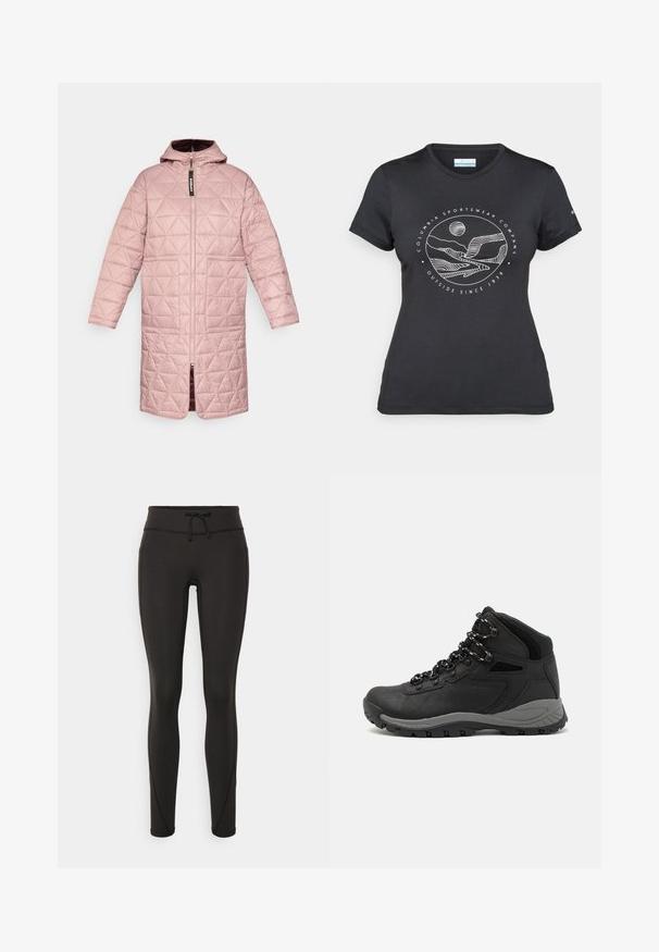 Př padded kabát v světle růžové barvě s kapucí, prezentující prošívaný diamantový vzor, přední zip a dvě náhlavní kapsy. Hladká textura.; Černé tričko Columbia s bílým kruhovým uměleckým ztvárněním hor a řeky a textem "Columbia Sportswear Company Outside Since 1938."; Černé legíny s vysokým pasem, šnůrkou, hladkým povrchem a přiléhavým střihem. Obsahují švy podél stran.; Černé turistické boty s mírně vyšším střihem, které mají texturovaný svršek, šedé detaily a odolnou gumovou podrážku s trakčními výstupky.