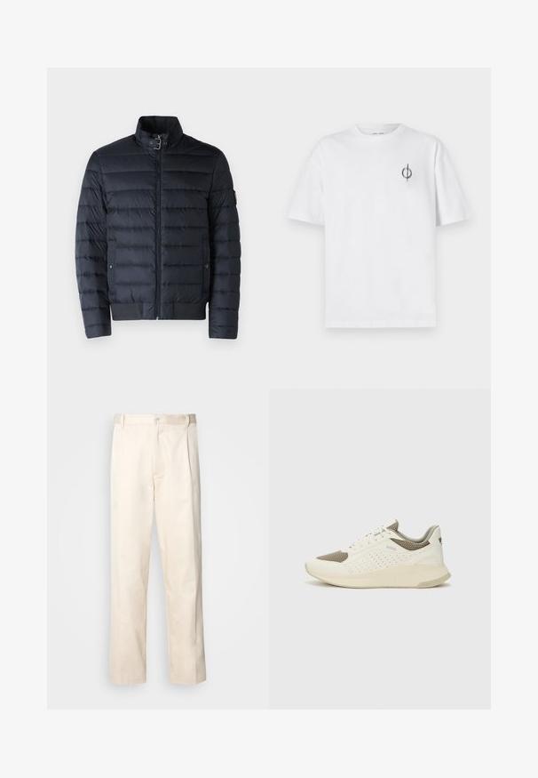 Námornícka puffová bunda s vystuženým golierom, horizontálnym prešívaním, predným zipsom a bočnými vreckami. Má rebrované manžety a lem.; Biela bavlnená tričko s voľným strihom, s malým čiernym grafickým logom na ľavej strane hrudníka. Krátke rukávy, okrúhly výstrih.; Béžové bavlnené nohavice so strihom rovného nohu, s gombíkovým zapínaním a záhybmi vpredu pre pridanie detailu.; Biele a svetlo béžové športové tenisky s hornou časťou z mriežkového materiálu, perforovanými detailmi a textúrovanou medzipodrážkou s logom na päte.