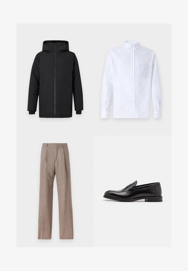 QUARTZ CO JULES - Πουπουλένιο μπουφάν - black; Λευκό πουκάμισο με μακρύ μανίκι, φτιαγμένο από βαμβάκι, με τσέπη στο στήθος με τονικό κέντημα, γιακά και κουμπιά στους μανικέτες.; Καφέ παντελόνι με ψηλή μέση από υφαντό ύφασμα. Διαθέτει φαρδιές καβάτζες και δύο μανίκια μπροστά για δομή. Καθαρή φινίρισμα χωρίς ορατό εξοπλισμό.; Μαύρες δερμάτινες μπαλαρίνες με λεία υφή, στρογγυλή μύτη και διακοσμητική ταινία πάνω από το επάνω μέρος. Χαμηλός καπιτώνας, μινιμαλιστικός σχεδιασμός.