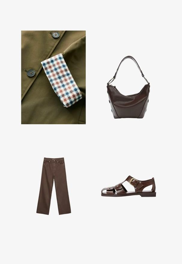 Olivno zelena jakna z teksturirano površino, z karo manšetami v beli, modri in rjavi barvi. Gumbi so iz rjavega plastike.; Rjava kratka majica s kratkimi rokavi, izdelana iz mehkega materiala, z okroglim izrezom in sproščenim krojem. Gladka tekstura brez vzorcev ali dodatkov.; Široke rjave kavbojke iz denima, ki imajo visok pas, sprednje žepe in klasično zapiranje na gumb. Gladka tekstura s subtilnim šivom.; Rjave usnjene sandale z izrezljanim dizajnom, nastavljivim stranskim sponko in ravnim podplatom, dekorirane z kovinskimi detajli in odprtim prstom.; Temna rjava usnjena torbica s ukrivljeno obliko, z zadrgo in kratko ročico. Ima kovinske dodatke in okrasne črne gumbe na strani.