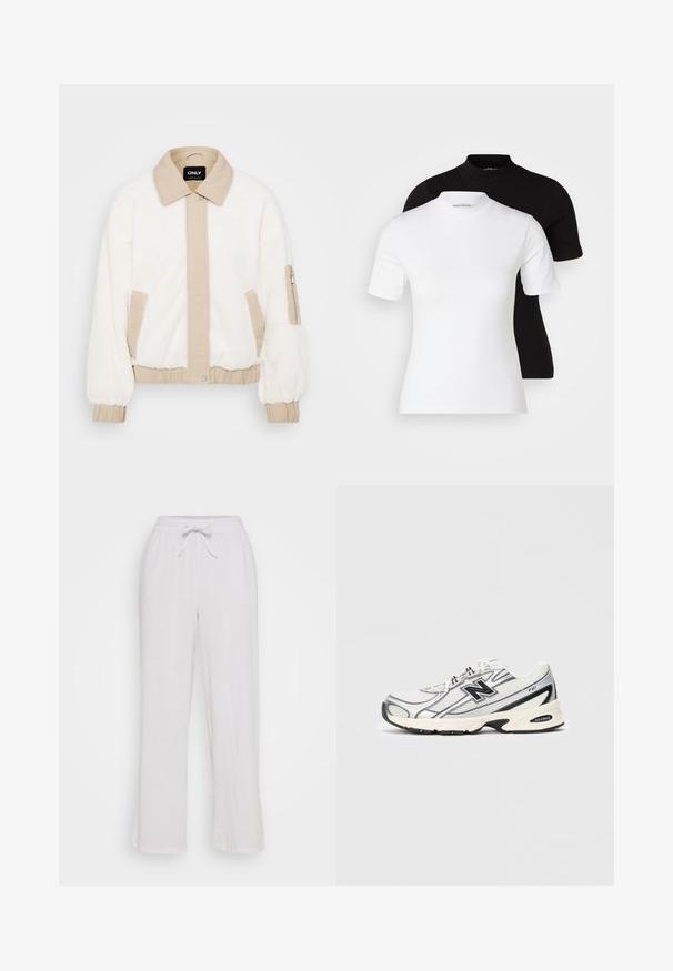 Faux-Felljacke in Elfenbein mit einem beigen Kragen und Vorderteil. Verfügt über elastische Bündchen, Seitentaschen und eine mit Reißverschluss gesicherte Armtasche zur Aufbewahrung.; Even&Odd Petite 2 PACK - T-Shirt basic - white/black; Weiße Leinenhosen mit einem Kordelzugbund, die eine lockere Passform und ein gerades Bein-Design bieten. Glatte Textur, keine sichtbaren Muster oder Akzente.; Weißer und grauer Sportschuh mit schwarzem "N"-Logo, Obermaterial aus Mesh, gepolsterter Sohle und Schnürdesign, auf einem einfachen hellgrauen Hintergrund abgebildet.