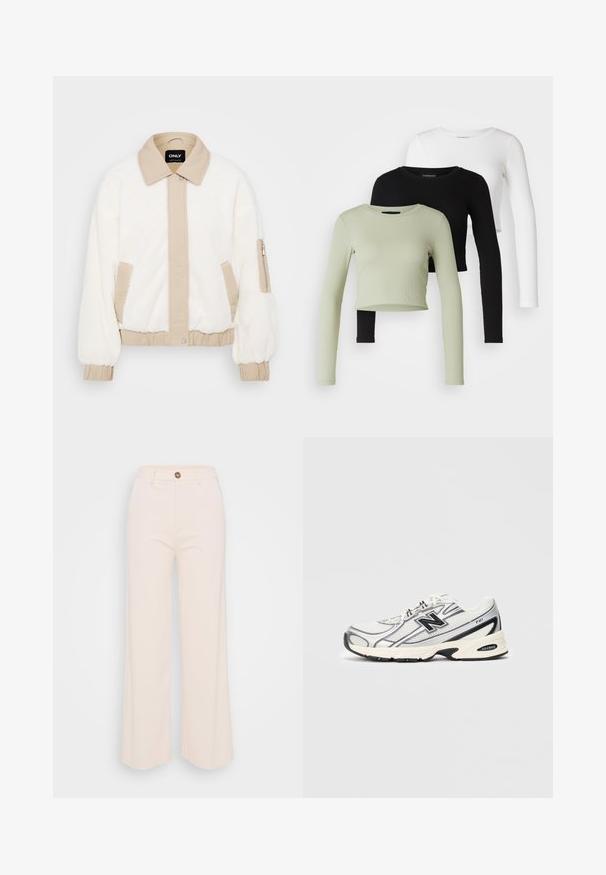 Krém színű műszőrme dzseki bézs gallérral és elülső résszel. Rugalmas mandzsettákkal, oldalsó zsebekkel és cipzáras karzsebbel rendelkezik a tároláshoz.; Even&Odd Petite 3 PACK - Hosszú ujjú felső - black/white/light green; Széles szárú nadrág puha krémszínű anyagból, magas derékkal, egy gombos záródással és minimalista varrási részletekkel.; Fehér és szürke sportcipő fekete "N" logóval, hálós felsőrész, párnázott talp és fűzős kialakítás, világos szürke háttér előtt.