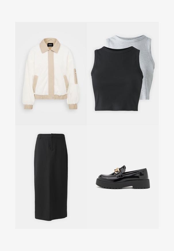 Faux fur jas in ivoorkleur met een beige kraag en voorpaneel. Voorzien van elastische manchetten, zijzakken en een met rits afsluitbare armzak voor opbergruimte.; Even&Odd Petite 2 PACK - Top - light grey/black; Zwarte kokerrok, kniehoogte, gemaakt van soepel materiaal. Heeft een achterkant split en zijzakken, met een eenvoudig ontwerp en neutrale kleur.; Zwarte patenten leren loafers met een chunky zwarte zool en gouden hardware details. Gladde textuur en afgeronde tekening.
