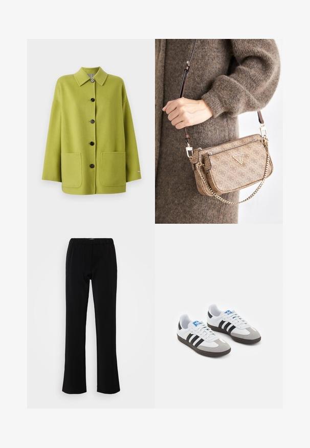 Grøn uldfrakke med krave, der har knaplukning, to store forlommer og sorte knapper. Strukturstof med en glat overflade.; Beige strikket cardigan med V-hals, ribbet krave og fem knaplukning. Har løse ærmer og et tekstureret stofmønster.; Hvid bluse lavet af glat stof, har en bølget høj hals, knaplukning foran og lange ærmer med samlede manchetter.; Sorte bukser med flare-design, lavet af et glat stof. Har et elastisk bælte for komfort og en ren, enkel silhuet.; Sportsko med en overdel i hvid læder, grå ruskind på tåen og tre sorte striber. Har et blåt logo på tungen og en struktureret gummisål.; Beige mønstret taske med guldfarvet hardware, læderrem og kædeaccent. Har lynlåslukning og logo-detalje på forsiden.