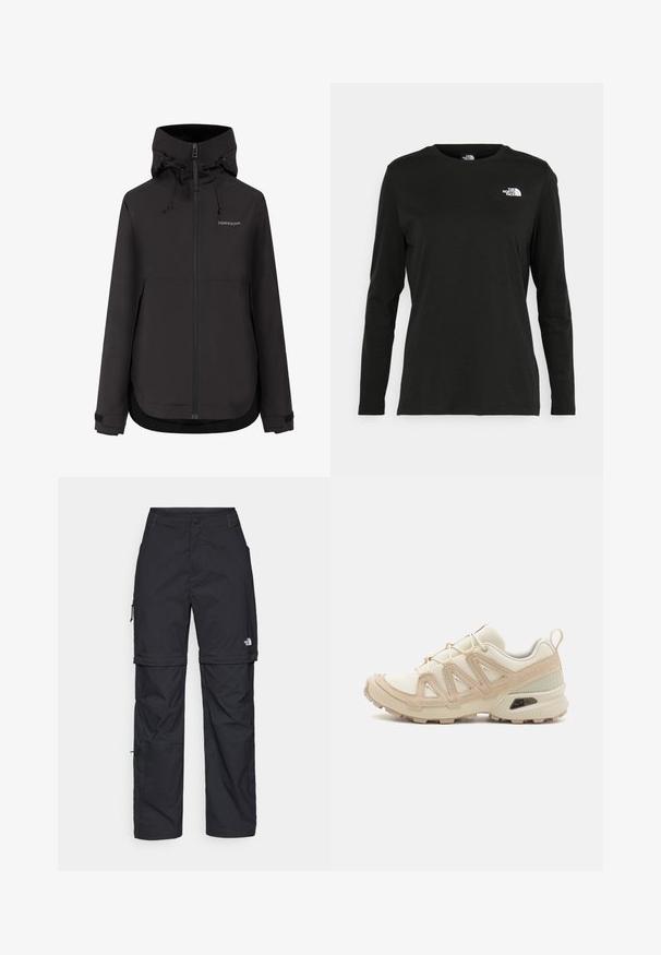 Sort vandtæt hættejakke med frontlynlås, justerbare hættesnore og håndledsremme, med "Didriksons" mærke på brystet.; Sort langærmet t-shirt lavet af bomuld med rund hals. Har et lille hvidt logo på venstre brystområde. Enkel design og pasform.; Sorte nylon cargo bukser med lynlås, justerbare manchetter, flere lommer og et logo på højre ben. Glat, let tekstur.; Beige og creme atletiksko med struktureret mesh-overdel, støttende overlays og gummiyderside med et mønster for trækkraft.