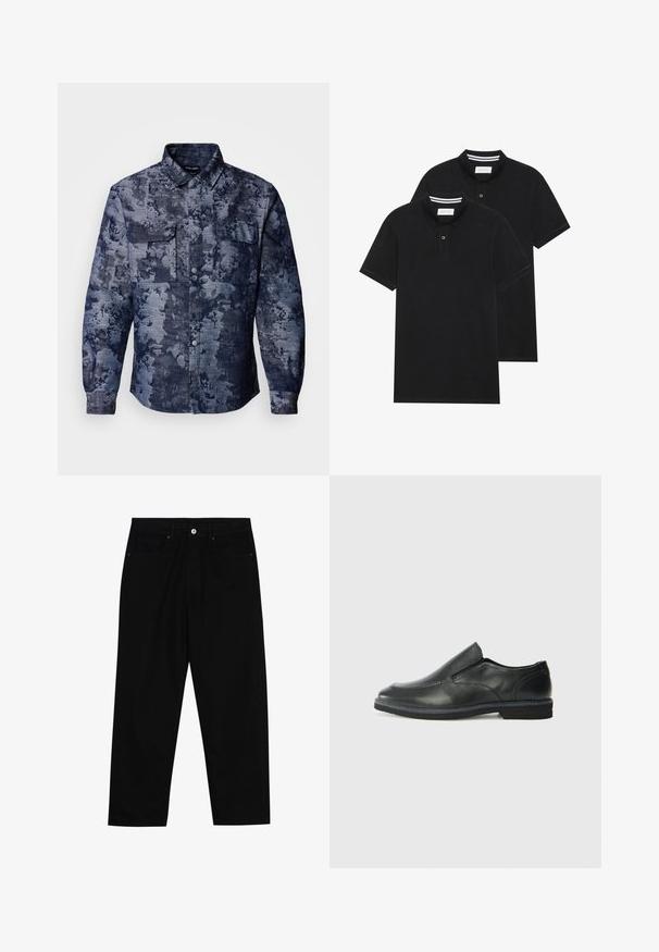 Τζιν πουκάμισο με σκούρο μπλέ λουλούδινο σχέδιο, δύο τσέπες στο στήθος, κουμπί μπροστά και κλασικό σχέδιο γιακά. Υφασμένο υλικό.; Δύο μαύρα πόλο πουκάμισα, κοντομάνικα, από βαμβακερό υλικό, με κλασικό γιακά, πατιλέτα με δύο κουμπιά και λευκές ριγέ λεπτομέρειες μέσα στον γιακά.; Μαύρο τζιν παντελόνι με ίσια γραμμή, στυλ πέντε τσεπών και κλείσιμο με κουμπί μπροστά. Απαλή υφή με ελάχιστες ραφές.; Μαύρο δερμάτινο παπούτσι χωρίς κορδόνια με λείο επάνω μέρος, ραφές, στρογγυλή μύτη και χαμηλό λάστιχο τακούνι. Η σόλα διαθέτει ελάχιστο σχέδιο.