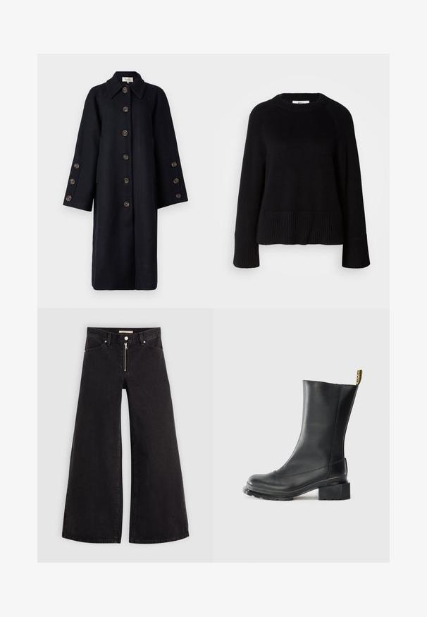 YAS YASQUARTZ BUTTON COAT - Klassisk kappa / rock - black; Svart stickad tröja med rund hals, ribbade mudd och fåll. Har en avslappnad passform och strukturerad tyg för extra värme.; Breda jeans i svart denim med dragkedja fram, femfickorsdesign och subtila sömdetaljer. Slät textur och avslappnad stil.; Svart läderankelboots med klossklack, slät yta, rund tå och en hälflik med gul märkning.