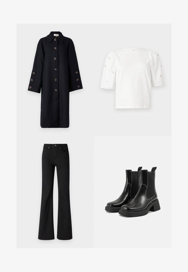 YAS YASQUARTZ BUTTON COAT - Classic coat - black; White cotton t-shirt with short puff sleeves, featuring small silver embellishments along the sleeves. Classic round neckline, relaxed fit.; Black flared jeans made of denim with a high waist, featuring five pockets, front button, and zipper closure, smooth texture.; Black leather Chelsea boots with a chunky heel, elastic side panels, and contrasting white stitching. Textured finish.