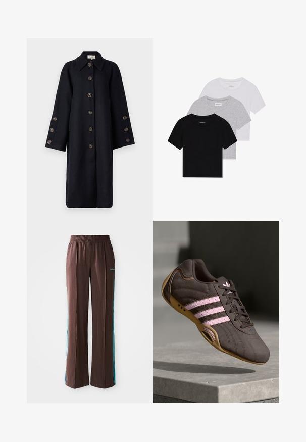 YAS YASQUARTZ BUTTON COAT - Classic coat - black; Set of three short-sleeve t-shirts in black, gray, and white. Made from cotton, featuring a crew neck and a simple, solid color design.; Brown athletic pants with a ribbed texture, elastic waistband, and turquoise side stripes. Features the adidas logo on the front.; Brown suede athletic shoe with pink stripes and logo, featuring a textured upper, lace closure, and a gum rubber sole.