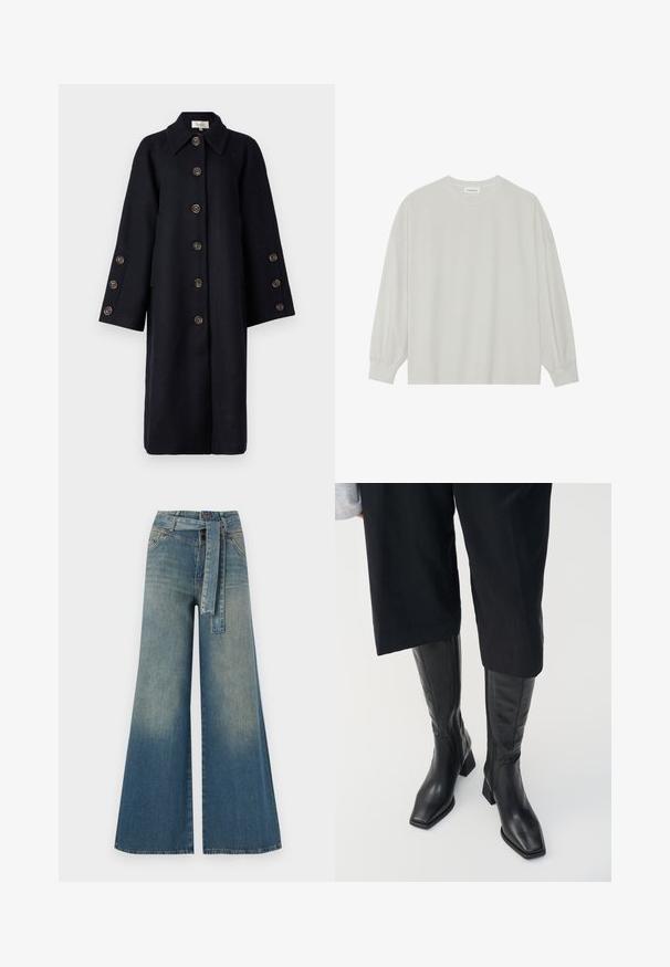 YAS YASQUARTZ BUTTON COAT - Klasikinis paltas - black; Šviesiai pilkas ilgomis rankovėmis marškinėliai, pagaminti iš minkštos medvilnės. Sukurtas laisvam prigludimui, apvaliu iškirpimu ir švelniai susigūžusiomis rankovėmis. Be raštų ar piešinių.; Platus džinsinis kelnes su šviesiai tamsiai mėlynu gradientu, aukštu juosmeniu, diržo kilpomis ir atitinkančiu audinio diržu. Textūruotas džinsinis paviršius.; Juodos odinės iki kelio pasiekiantys batai su kvadratiniu pirštu ir stačiu kulnu. Yra šoninis užtrauktukas ir lygi tekstūra.