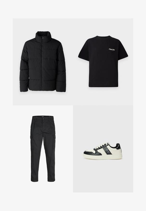 Doudoune noire en tissu léger, avec un col haut, une fermeture éclair frontale et un motif matelassé horizontal pour l'isolation.; T-shirt en coton noir avec col rond, manches courtes et petit texte logo blanc sur la poitrine gauche. Conception simple, coupe classique.; Pantalons cargo noirs en tissu résistant, dotés de plusieurs poches, d'une fermeture par bouton et d'une coupe slim avec des jambes fuselées.; Baskets en cuir avec un schéma de couleurs noir et crème, dotées d'accents perforés, d'un col rembourré et d'une semelle texturée.