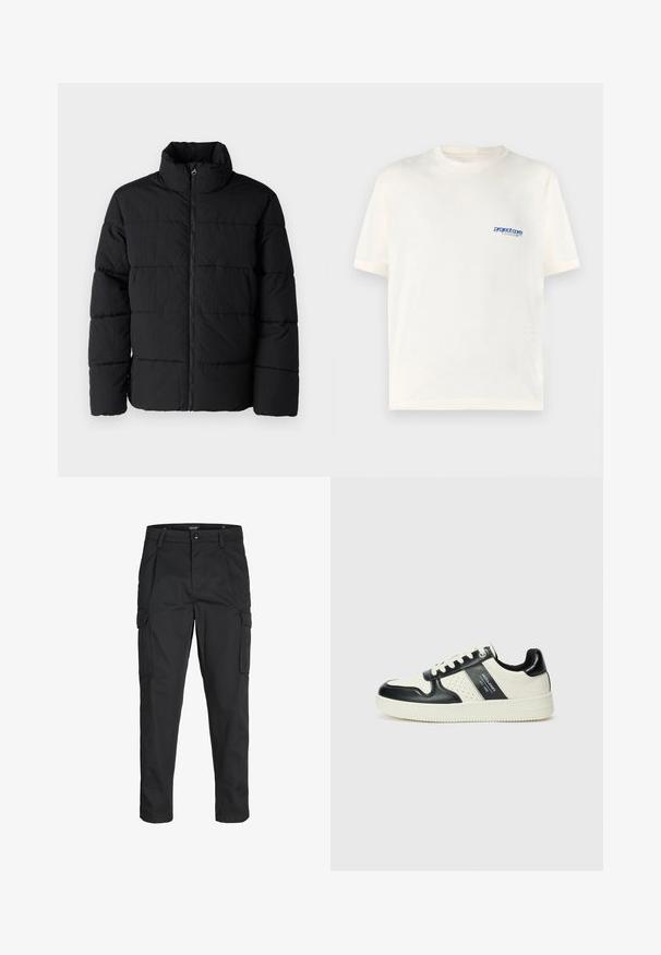 Schwarze Puffjacke aus leichtem Stoff, mit hohem Kragen, Frontreißverschluss und horizontalem Steppmuster zur Isolierung.; Cremefarbenes T-Shirt mit kurzen Ärmeln aus weicher Baumwolle, mit einem kleinen blauen Logo auf der linken Brustseite. Klassisches Rundhalsdesign.; Schwarze Cargo-Hose aus robustem Material, mit mehreren Taschen, einem Knopfverschluss und einem Slim-Fit-Design mit schmal zulaufenden Beinen.; Leder-Sneaker in Schwarz- und Cremetönen, mit perforierten Akzenten, einem gepolsterten Kragen und einer strukturierten Laufsohle.