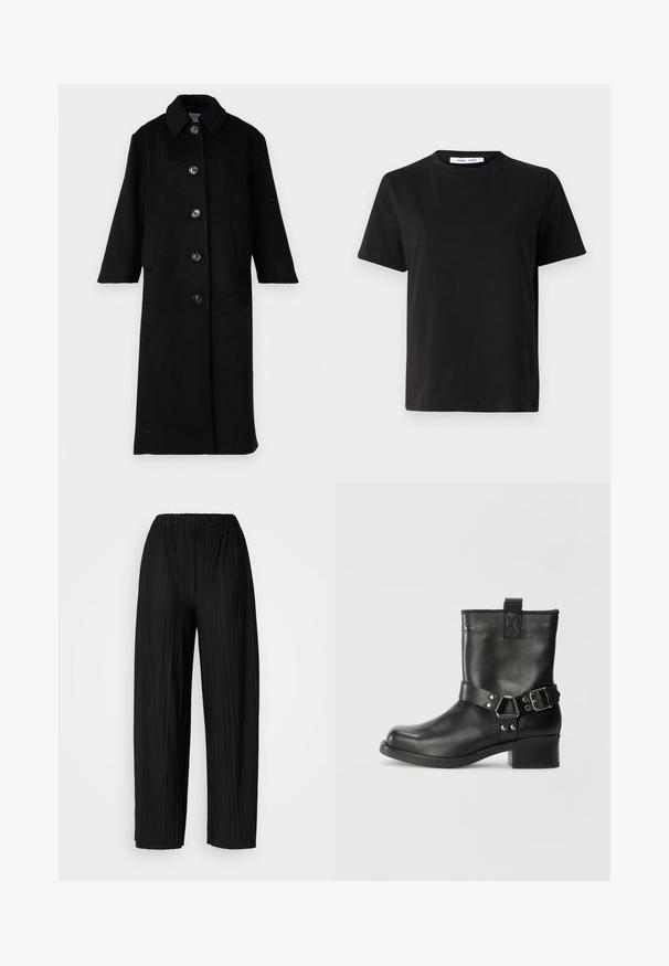 Libertine-Libertine ECLIPSE - Klasický kabát - black; Čierne tričko s krátkym rukávom vyrobené z mäkkej bavlny, s okrúhlym výstrihom, uvoľneným strihom a hladkou štruktúrou. Žiadne viditeľné vzory ani grafika.; Čierne plisované nohavice s širokými nohavicami a elastickým pásom. Tkanina má vertikálne plisovanie a hladkú textúru.; Samsøe Samsøe SABRENTA - Kovbojská/motorkárska členková čižma - black