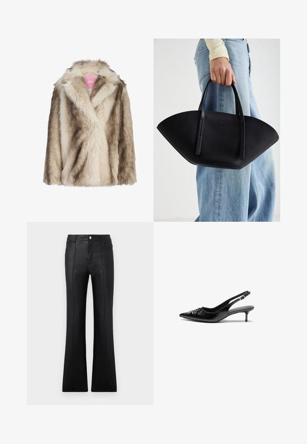 Faux fur frakk i krem- og lys brunfarger, med sjalkrage og en myk, teksturert overflate. Merke synlig på innsiden.; Burgunderfarget, kort sweatshirt laget av bomullsblanding med lange ermer. Har en hvit "art COLLECTION" grafikk på forsiden. Ribbestrikkede mansjetter.; Svarte vide bukser laget av glatt syntetisk materiale, med høy midje, frontlommer og synlige sømdetaljer langs bena.; Sorte skinnert remsandaler med spiss tå, liten kittenhæl og en dekorativ knute detalj foran. Glatt tekstur gjennom hele.; Svart skinnveske med en unik vifteform, med flate håndtak. Overflaten har en pebblelignende tekstur og et minimalistisk design.