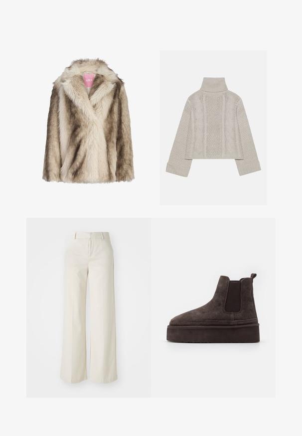 Krém és világosbarna árnyalatú műszőrme kabát, sálgallérral és puha, texturált felülettel. A címke a belső oldalon látható.; Rövidített, világosszürke kötött pulóver magas gallérral és bordázott mandzsettákkal, hátul és az oldalakon texturált sodrott mintákkal.; Világos bézs színű, széles lábú nadrág, sima anyagból készült. Klasszikus derékrésszel és lapos elülső résszel, letisztult vonalakkal rendelkezik.; Barna nubuk Chelsea csizma elasztikus oldalsó panelekkel és vastag, textúrázott talppal. A saroknál található húzófül megkönnyíti a felhúzást.
