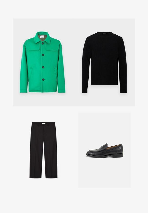 Zeleni volneni jopič s klasičnim ovratnikom, sprednjim gumbom, dvema stranskima žepoma in strukturirano zasnovo. Gladka tekstura in srednja teža.; Filippa K SWEATER - Pulover - black; Ravna bela kratka majica s kratkimi rokavi in ohlapnim krojem, položena na svetlo sivi podlagi.; Črne široke hlače iz gladkega blaga. Imajo gumb in zadrgo, dva sprednja žepa in eleganten zaključek robov.; Črne usnjene loafers cipele z gladko površino, zaobljenim nosom in dekorativnim šivom na vampu. Nizek zloženi peti in rahla sijaj.