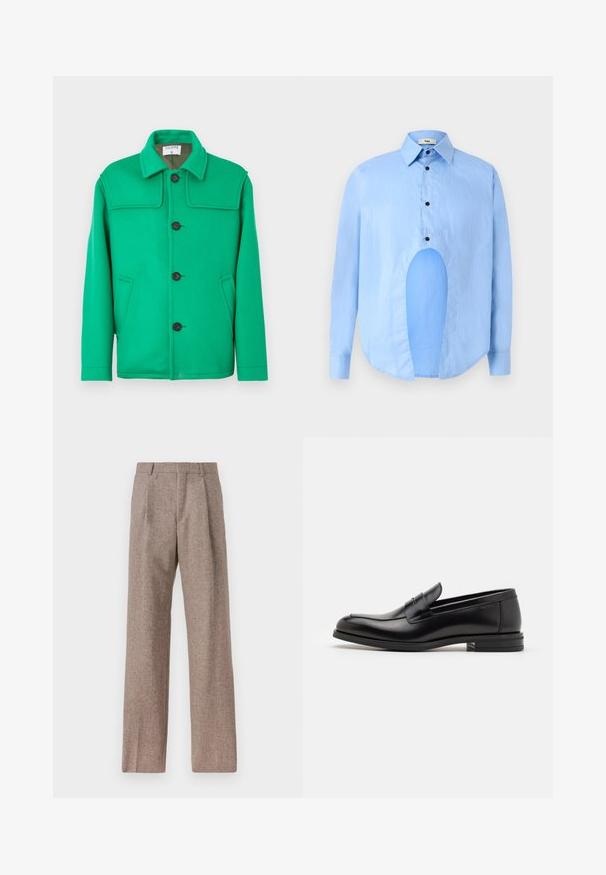 Zöld gyapjú keverék kabát klasszikus gallérral, gombos elülső résszel, két oldalsó zsebbel és strukturált kialakítással. Simaszerű textúra és közepes súly.; Világoskék, hosszú ujjú ing, hegyes gallérral, fekete gombokkal, és egyedi kivágással elöl, amely különleges dizájnt kölcsönöz.; Barna, magas derekú nadrág texturált anyagból. Széles szárai és két elülső redője biztosítja a struktúrát. Ízléses kivitel, látható fémszerelés nélkül.; Fekete bőr loaferek sima textúrával, kerek orral és dekoratív pánttal a vampnál. Alacsony, rétegelt sarkú, minimalista dizájn.