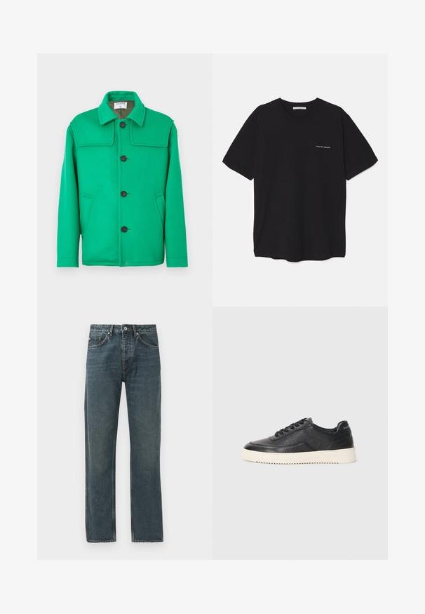 Vihreä villasekoitek jacket klassisella kauluksella, nappisuljenta, kaksi sivutaskua ja rakenne, joka tuo muotoa. Sileä rakenne ja keskikoinen paino.; Musta puuvillapaita, jossa on pyöreä kaula-aukko, lyhyet hihat ja valkoinen logopainatus vasemmassa rinnassa. Yksinkertainen, tasavärinen design.; Tumman siniset farkut, joissa on suora lahjesuunnittelu. Farkuissa on viisi taskua, nappikiinnitys ja kontrastivärisiä ompeleita.; Mustat nahkakengät, joissa on teksturoitu pinta, pyöreä varvas ja litteat valkoiset kumipohjat. Varustettu mustilla nauhoilla ja brändäyksellä kannassa.